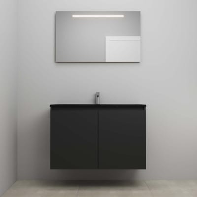 On-Line Badkamermeubelset - 100 cm - Bouwpakket - Greeploze Ladestructuur - Acryl Wastafel - 1 Kraangat - Spiegel met LED-Verlichting - Mat Zwart