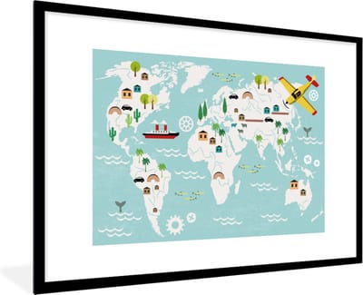Poster in fotolijst kinderen - Muurdecoratie kinderkamer - Wereldkaart - Kinderen - Vliegtuig - Boot - Jongens - Meisjes - Kinderposter - 90x60 cm - Poster kinderkamer