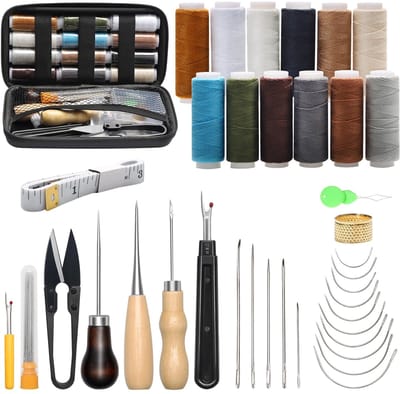 48 stuks leergereedschap set - stoffering reparatieset - hoogwaardig naaiset met naalden, naai-els, tornmesje, naaigaren voor reparaties, naai-els, handnaaien, DIY-leerbewerking