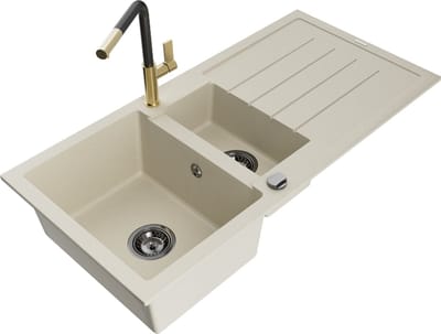Mexen Andres granieten gootsteen 1,5-komers met afdruiprek en keukenkraan Flora, beige - 6515-69-670401-57-B