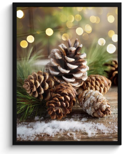 Poster in lijst - Fotolijst 60x80 cm - Posters - Dennenappels - Kerstsfeer - Bruin - Groen - Posterlijst zwart - Decoratie - Wanddecoratie woonkamer - Muurdecoratie slaapkamer - Kerstversiering - Kerstdecoratie voor binnen - Kerstmis