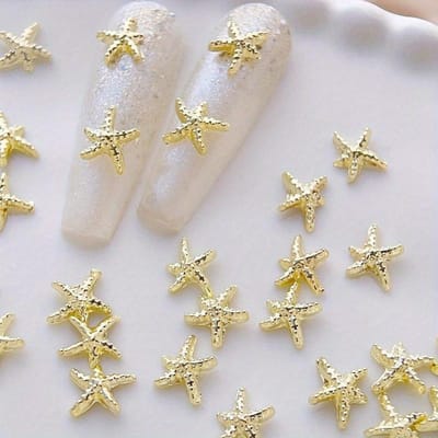 Gouden Zeester Nagelbedels Oceaan Stijl Glanzende Strass Steentjes Ster Nagels Kunst Decoraties Lente Zomer 10 stuks 3D Legering DIY Nagels Edelstenen Cadeau voor Meisjes Gold 10pcs beige