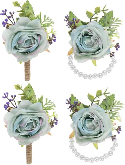 Pols Corsage Set - Bruiloft Accessoires - Feestelijke Gelegenheden - Verstelbare Band - 4 Stuks - Lichtblauw