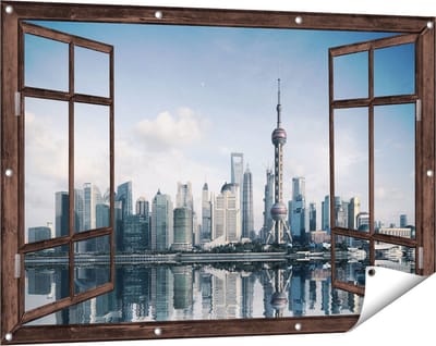 Gards Tuinposter Doorkijk Shanghai Skyline in China - 120x80 cm - Tuindoek - Tuindecoratie - Wanddecoratie buiten - Tuinschilderij