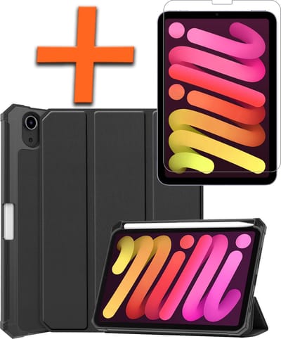 Hoesje - Geschikt voor Apple iPad Mini 6 (2021) - 8.3 inch - 6e Generatie - Met Screenprotector - Trifold Bookcase - Hard Cover Case - Met Uitsparing Geschikt voor Apple Pencil - Hardcover Book - Tablet Hoes - Zwart