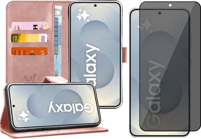 Hoesje geschikt voor Samsung Galaxy S25 - Privacy Screenprotector Volledig Dekkend Glas - Portemonnee Book Case Rosegoud