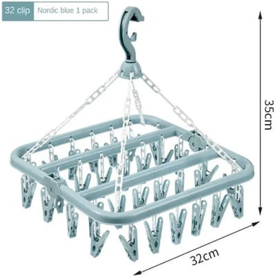 Cintre pliable à 32 clips, multifonctionnel, coupe-vent, en plastique, pour chaussettes, séchage de vêtements, rangement domestique 32 white