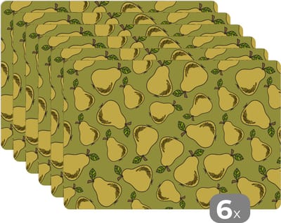 Placemat - Placemats kunststof - Peer - Fruit - Vintage - Patronen - 45x30 cm - 6 stuks - Hittebestendig - Anti-Slip - Onderlegger - Afneembaar