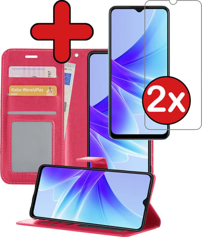 Hoesje - Met 2x Screenprotector - Geschikt voor OPPO A17 - Luxe Pasjeshouder - Flip Case - Bookcase Portemonee - Kunstleer Book Case - Flipcase Hoes - Book Cover - Walletcase - Portemonneehoes - Telefoonhoes - Donkerroze