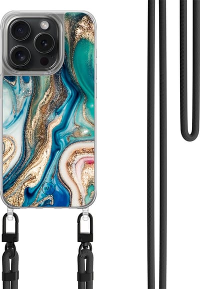 Hoesje met koord geschikt voor iPhone 13 Pro - Magic marble - Inclusief zwart koord - Crossbody beschermhoes - Transparant, Multi - Mooie Telefoonhoesjes