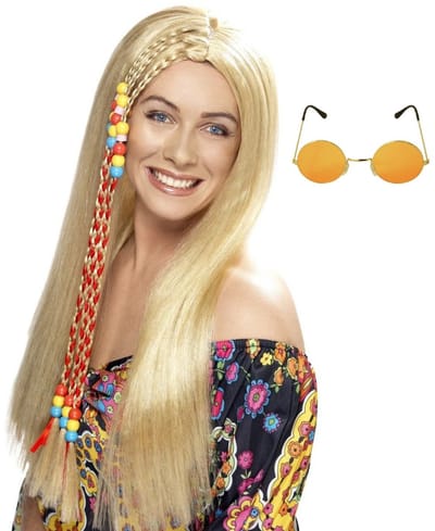 Smiffys Hippie Sixties verkleedset dames - Pruik lang haar blond - bril met ronde glazen roze - Flower Power thema