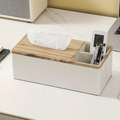 Organizer - Tissue Box - Tissuebox houder - Tissue box vierkant - Multifunctionele organizer - Bureau-opbergruimte pennenhouder - Houtachtige textuur - Voor woonkamer - Kantoor - Salontafel - Cadeau-idee - Wit