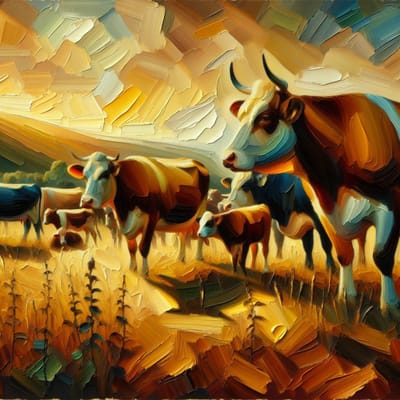 Olieverf koeien schilderij | Boerse schoonheid: weelderige koeien gehuld in kleurrijke olieverfpracht | Kunst - 30x30 centimeter op Canvas | Foto op Canvas