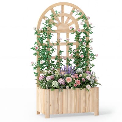 COSTWAY Bloembak met klimrek, plantenbak voor klimplanten, verhoogd plantenbed met klimrek en drainage, bloempot voor tuin, balkon of privacyscherm, houten tuinrek, 61 x 30 x 121 cm, naturel