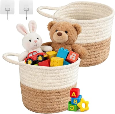 Set van 2 Hangende Mandjes, 15 x 15 cm, Geweven Katoenen Wandmand met Handvat, Opbergmand voor Keuken, Badkamer en Slaapkamer, Organiser voor Planten en Accessoires, Decoratieve Opbergoplossing