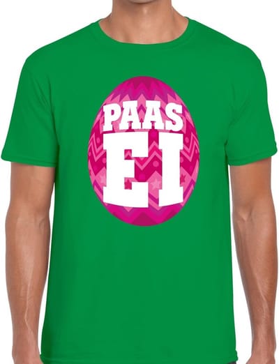 Groen Paas t-shirt met roze paasei - Pasen shirt voor heren - Pasen kleding S