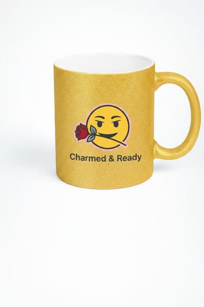 Glitter Gouden Mok 'Charmed & Ready' Emoji met Roos - Romantisch & Uniek Cadeau Beker