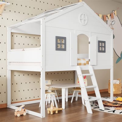 YEHTOKHOME Hoogslaper - 90 x 200 cm - klimladder - valbeveiliging - kinderbed huisbed met dak en raam - lattenbodem - grenen + MDF - wit + grijs - zonder matras