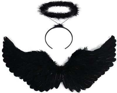 Decoratieve Engel Vleugels met Halo en Toverstok voor Vrouwen en Meisjes, Zwart, 60 cm - Perfect voor Kostuums en Feestjes