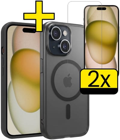 Hoesje - Met 2x Screenprotector - Geschikt voor Apple iPhone 15 - Magsafe Compatible - Sterk & Shockproof - Back Cover - Shock Proof Case - Telefoon Hoes - Telefoonhoesjes - Zwart