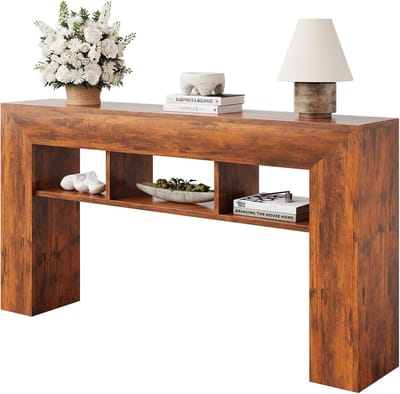 Console Tafel 160 cm, console meubel met opbergplanken, smalle tafel met houtlook voor de hal, lichtbruin