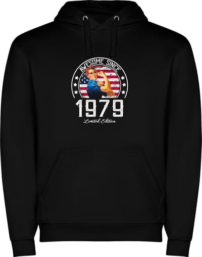 Zwarte unisex hoodie met “ Kleurrijke Awesome Since 1979 Limited Edition – Leeftijd – Verjaardag “ Print Full Color Color merk Roly maat S