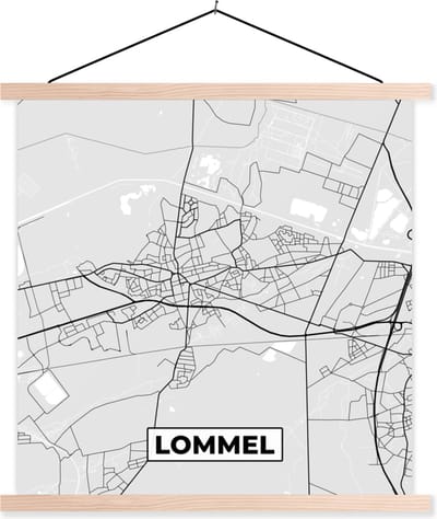 Posterhanger incl. Poster 40x40 cm - Schoolplaat - Stadskaart – Plattegrond – België – Zwart Wit – Lommel – Kaart - Textielposter - Blanke latten - Stadskaart