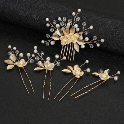 Accessoires de cheveux de mariage en fleurs Coiffure de mariée Fourchettes à cheveux rétro Pinces à cheveux en perles Ornements de cheveux exquis pour filles or