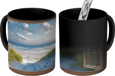 Magische Mok - Foto op Warmte Mokken - Koffiemok - Doorkijk - Strand - Raam - Duinen - Zee - Magic Mok - Beker - 350 ML - Theemok