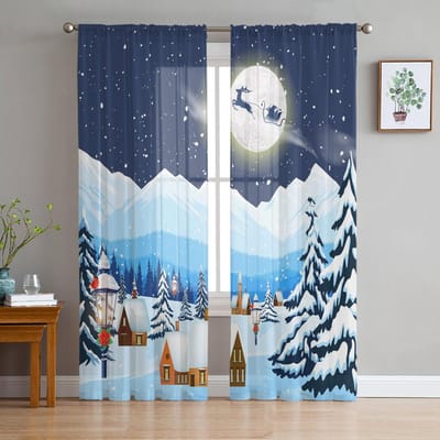Winter Besneeuwde Dag Takken Chiffon Pure Gordijnen voor Woonkamer Slaapkamer Woondecoratie Raam Voile Tule Gordijn Gordijnen 1 PCS W100XH250cm&Grommet Top blue