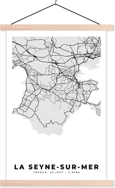 Posterhanger incl. Poster 40x60 cm - Schoolplaat - Frankrijk - La Seyne-sur-Mer - Stadskaart - Plattegrond - Kaart - Textielposter - Blanke latten - Stadskaart