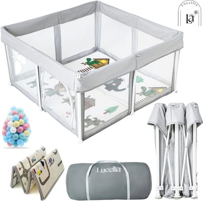 Lucellia® Grondbox Baby - Speelbox & Kruipbox Inklapbaar-playpen-Kinderbox met Speelmat & 50 Ballenbak Ballen-Opbergtas-125x125x70 cm-Licht grijs
