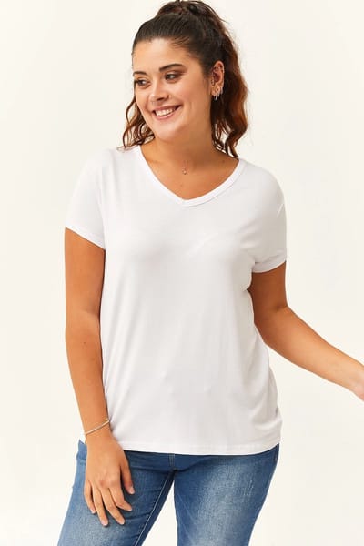Dames 2XL Grote Maat V-Hals Basic Kortemouw Wit T-Shirt XXL