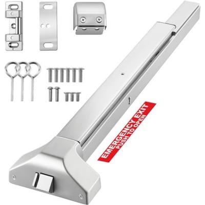 VEVOR paniekstang voor nooduitgangen, 788 mm, nooduitgangstang, beslag voor nooduitgangdeuren met dubbele vergrendelingsbout en sticker, voor houten of metalen deuren van 79–117 cm breed, zilver