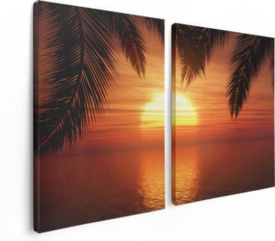 Artaza Canvas Schilderij Tweeluik Zonsondergang Op Het Strand Met Palmbomen - 120x80 - Foto Op Canvas - Canvas Print