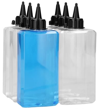 6 x 500 ml moderne rechthoekige fles PET transparant + doseer tuitdop knijpbaar zwart - PET Kunststof BPA-vrij - Plastic Flessen Navulbaar - Met Dop - Lege Flessen - 6 stuks