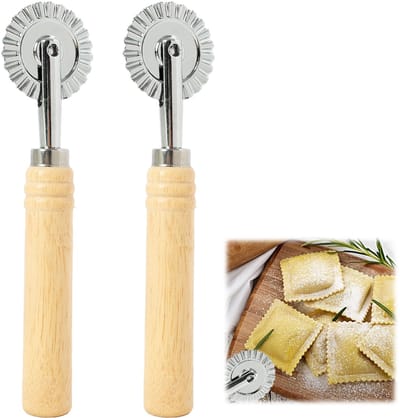 2 stuks pastasnijderwiel, met geribbeld lemmet, ravioli snijder en pizzasnijder van zinklegering met lange houten handgreep, deegwieltjes voor pasta, pizza, gebak, knoedels en doe-het-zelf