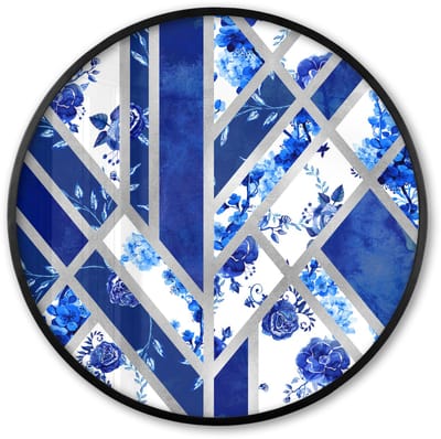 Poster in lijst Rond - Fotolijst 60x60 cm - Posters - Delfts blauw - Patroon - Abstract - Ronde posterlijst zwart - Decoratie - Wanddecoratie woonkamer - Muurdecoratie slaapkamer