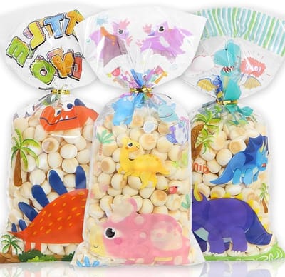 Inovra Plus - Cellofaan zakken Dinosaurs - Set van 50 stuks, transparante traktatie gunst zakken met twist banden voor verjaardagsfeestjes.