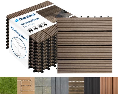 FLOORDIREKT WPC Tegels 30x30 cm - 1m² = 11 Terrastegels - Kliktegels - Balkontegels in Houtlook - Vloerbedekking voor Balkon & Terras - Weerbestendig met Drainagefunctie - Donkerbruin - Royal
