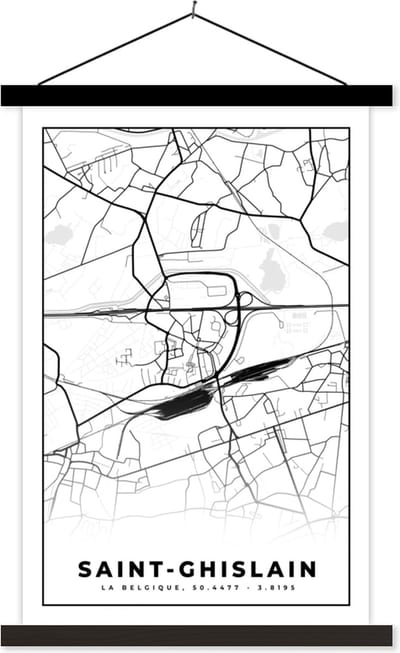 Posterhanger incl. Poster 40x60 cm - Schoolplaat - Zwart Wit – België – Plattegrond – Stadskaart – Kaart – Saint Ghislain - Textielposter - Zwarte latten - Stadskaart
