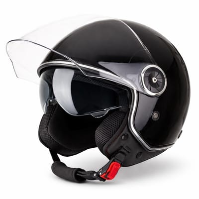 VINZ Tobia Scooterhelm / Motorhelm met Zonnevizier - Jethelm Brommer & Snorscooter - Licht - Glans Zwart - S