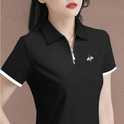 Polo Shirt Rits Korte Mouw T-shirt Dames Nieuwe Zomer Revers Casual Middenleeftijd Moeder Top M gray