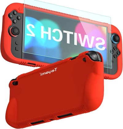Schokbestendige silicone hoes voor Nintendo Switch 2 met ergonomische grip en gehard glazen screen protector, rood