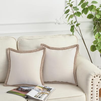 Set van 2 Decoratieve Kussenhoezen in Jute en Linnen voor Bank en Slaapkamer, Off-White 20x20 Inch, Bohemian Stijl, Vierkant Kussen, Landelijke Decoratie