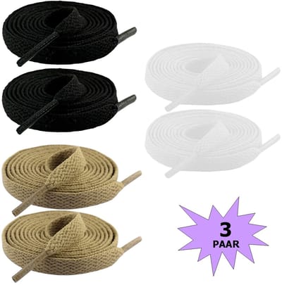 Fako Fashion - Schoenveters - Veters - Plat - 8mm - 120cm - 3 Paar - 6 Stuks - Khaki, Wit & Zwart