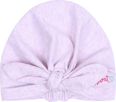 Roze melange muts met ruches en knoop