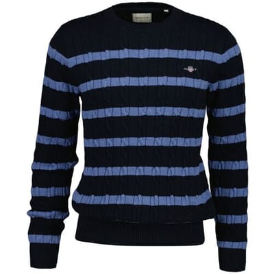 Gant Trui Striped Cotton Cable Crew Neck Avond Blauw / male