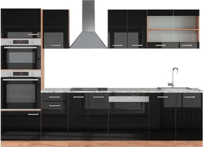 Vicco R-Line Complete keukeneenheid – 300 cm met hoge kast, WB Marmer Eiken hoogglans zwart/goud