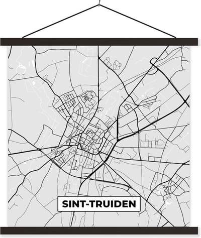 Posterhanger incl. Poster 60x60 cm - Schoolplaat - Stadskaart – Plattegrond – België – Zwart Wit – Sint Truiden – Kaart - Textielposter - Zwarte latten - Stadskaart
